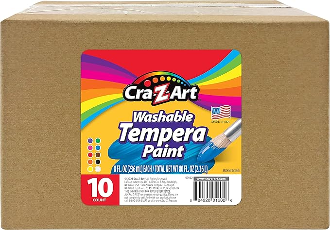Cra-Z-Art Washable Tempera Paint Bulk Pack 10ct, Assorted Colors 8oz each bottle