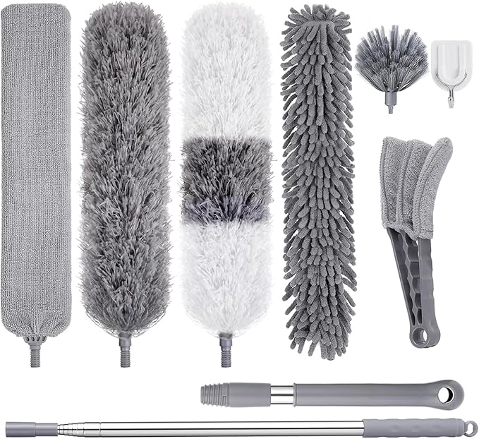 Microfiber Feather Duster Kit, 9PCS Dusters for Cleaning with 100-inch Extendable Pole, Bendable Reusable Washable Cobweb Duster for High Ceilings and Fans, Blinds, Cars and Furniture