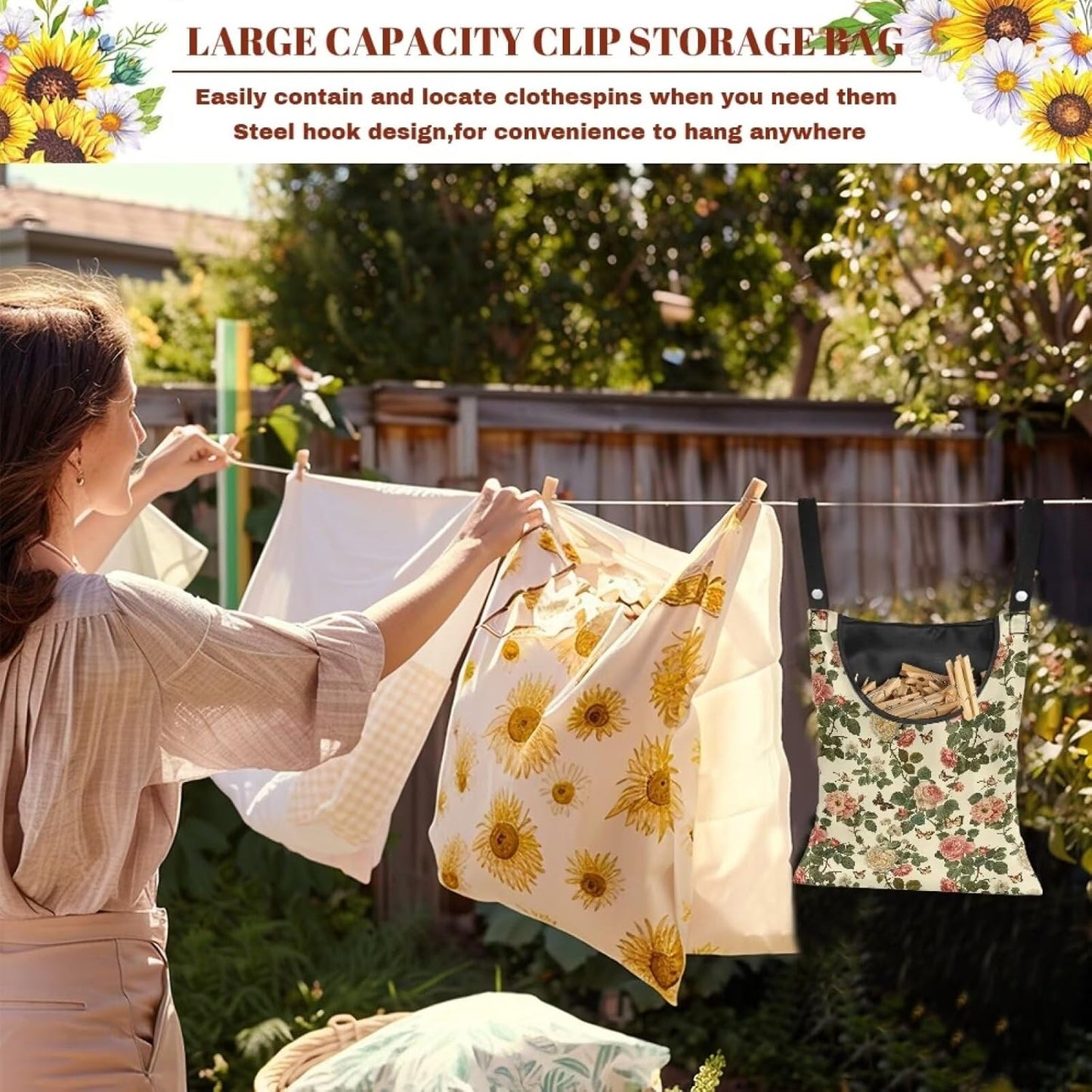 2 Pcs Floral Clothes Pin Hanging Bag with Hanging Rope 14.5 X 12 Inch Clothespin Bag for Clothes Pins and Clothespins - Heavy Duty Outdoor Use