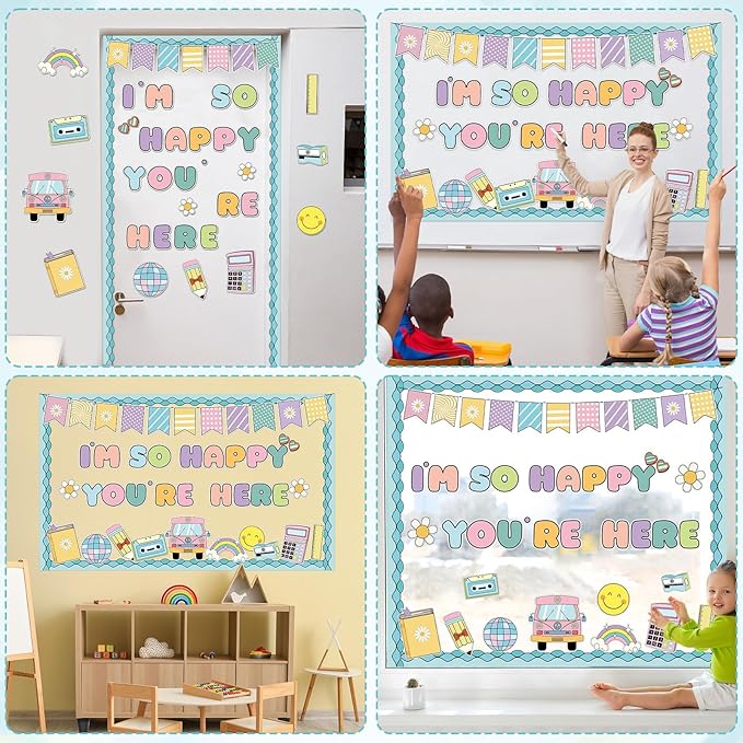 Groovy Back to School Bulletin Board for Classroom Decoration I'm So Happy You're Boho Retro Here Hippie Bulletin Board Set Rainbow Cutouts Daisy DIY Photo for Chalkboard Wall Teacher Decor