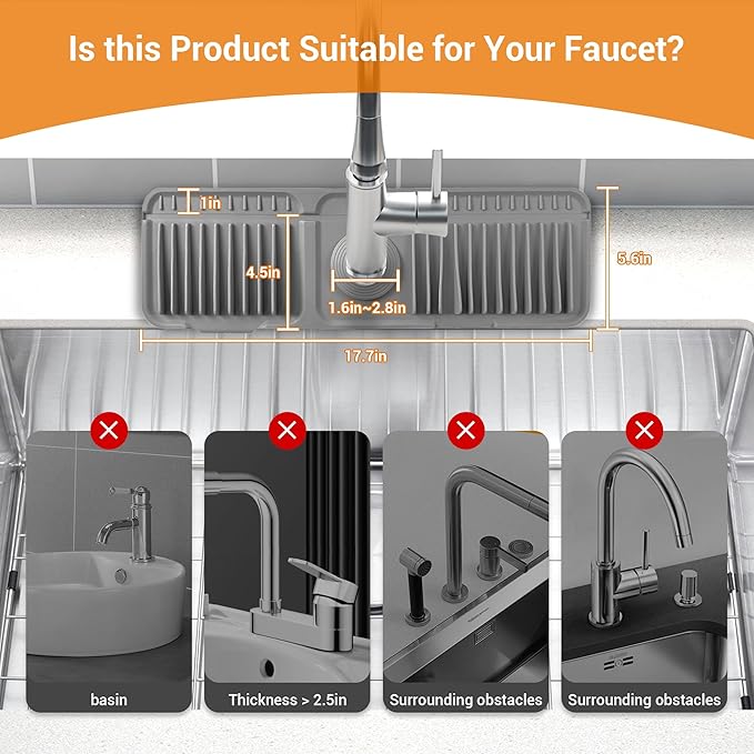 Faucet Mat for Kitchen Sink, 17.7"X5.5" Silicone Sink Splash Guard with Soap Holder, Snap-On Design & 7°slope Fast Drain, Folding Sink Faucet Mat for Universal Kitchen Bathroom Sink（Grey）