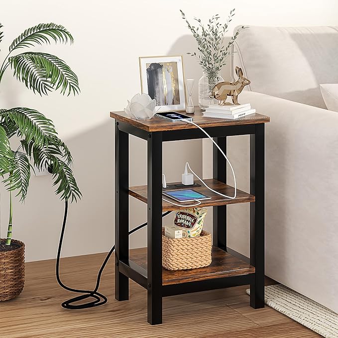 VECELO Modern Nightstands with Charging Station,Side End Table Night Stand with Storage Shelf for Small Spaces, Bedroom,Living Room