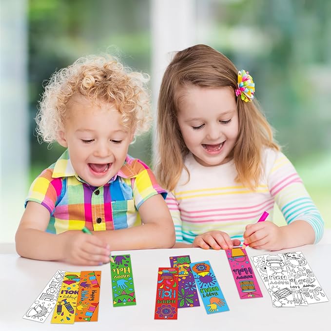 75Pcs Holi Color Your Own Bookmarks Happy Holi DIY Coloring Blank Bookmark Classroom Art Craft Supplies for Teachers Students Indian Festival Holiday Party Gift Supplies Reward Goodie Fillers