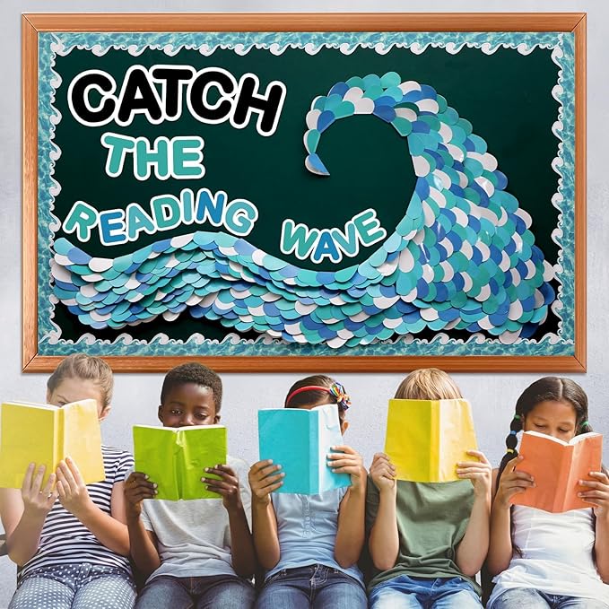 Summer Ocean Reading Bulletin Board Decorations Ocean Waves Theme Bulletin Board Set Catch The Reading Wave Half Heart Cutouts for Library School Classroom Chalkboard Wall Decor