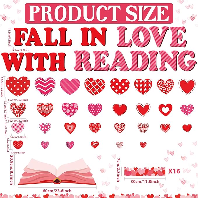 gisgfim Valentine's Day Reading Bulletin Board Decorations Set Valentines Red Heart Borders Cutouts for Party School Classroom Door Welcome Bulletin Board Craft Home Wall(Fall in Love with Reading)