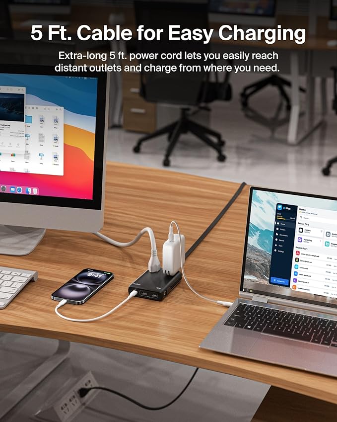 Belkin Travel Power Strip 70W, 6-in-1 GaN Charging Station USB C Charger w/ 2 AC Outlets, 2 USB A Ports, Integrated USB C Cable - Power Strip for iPhone, Apple Watch, iPad, MacBook, Chromebook, Laptop