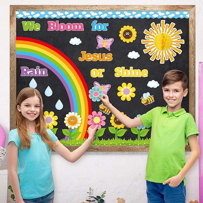 BeYumi 88Pcs We Bloom for Jesus Rain or Shine Christian Bulletin Board Set Spring Rainbow Sun Honeycomb Flowers Cutouts Name Tags Trim Border Faith Religious Sunday School Chalkboard Church Decoration