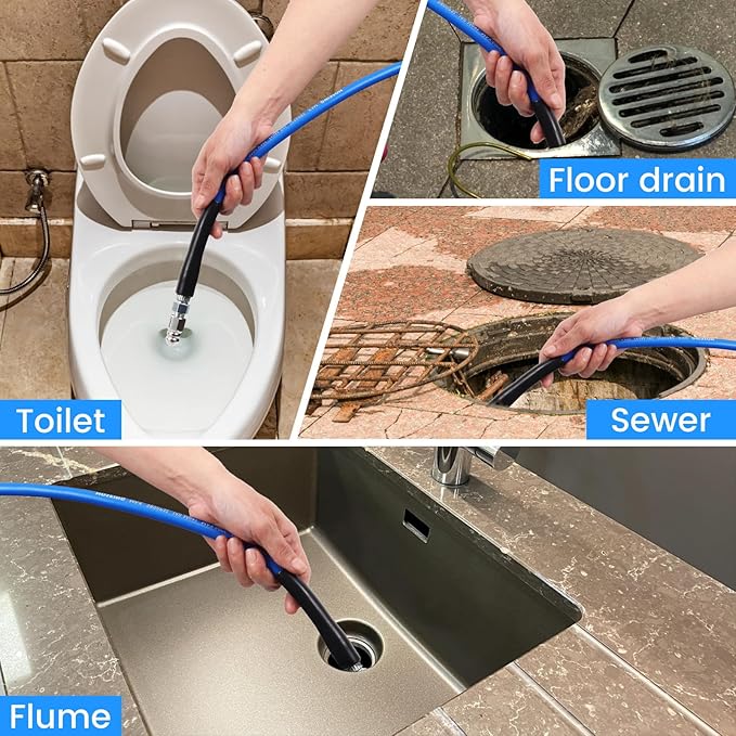 100FT Pressure Washer Sewer Jetter Kit, 5800 PSI Water Jet Drain Cleaner Hose with Corner Rotating Button Nose Nozzle, 1/4 Inch NPT, Kit Includes Sewer Jetting Nozzles and Spanner Handle Strap