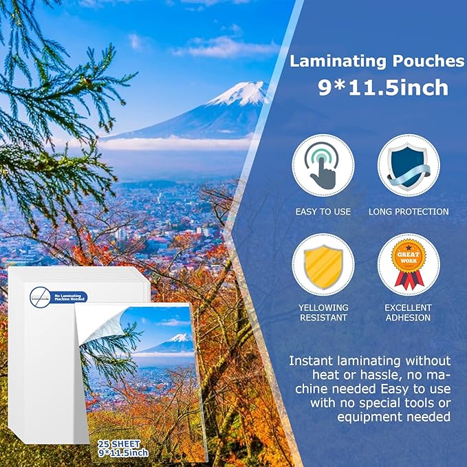 25 Pieces Self Seal Laminating Pouches 9x11.5 Self Adhesive Laminating Sheet No Heat No Laminating Machine Needed for Letter Size Card