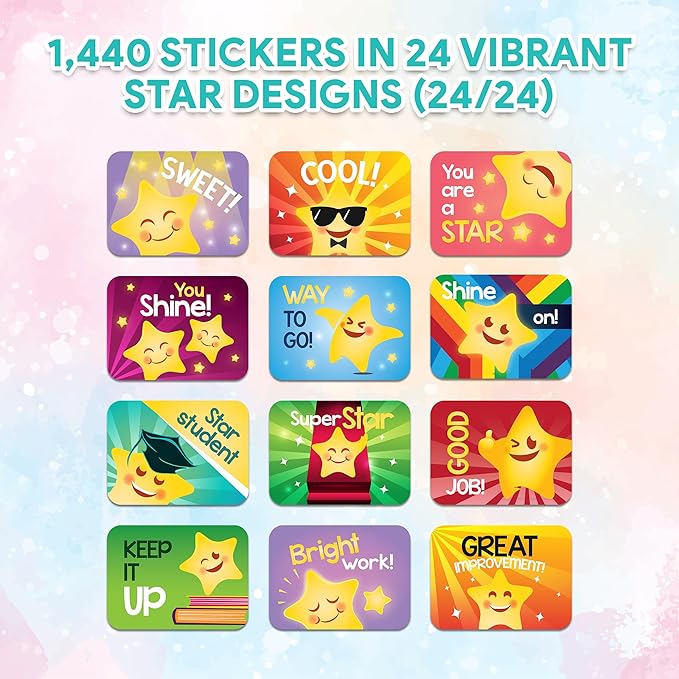 Decorably 1,440 Star Teacher Stickers for Grading for Students - 60 Sheets with 24 Adorable Designs for Classroom Activities, Reward Chart, Positive Reinforcement, Arts & Crafts, Scrapbooking, Gift