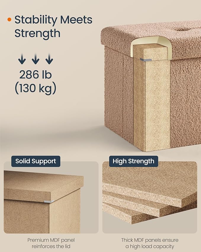 SONGMICS Storage Ottoman Bench, Storage Chest, 15 x 30 x 15 Inches, Foot Rest Stool, End of Bed Bench, Load up to 660 lb, for Living Room, Bedroom, Entryway, Camel Brown ULSF096K01