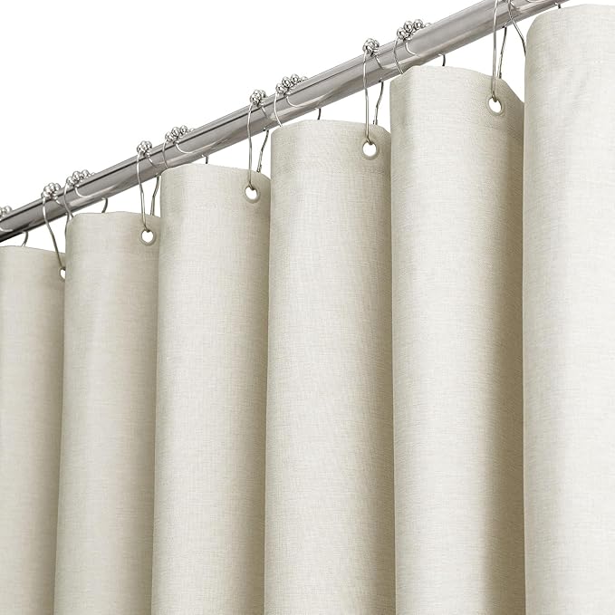 BTTN Extra Long Fabric Shower Curtain - 72 x 90 Inch Linen Textured Heavy Duty Cloth Shower Curtain Set with 12 Plastic Hooks, Large Hotel Luxury Polyester Shower Curtains for Bathroom, Light Cream