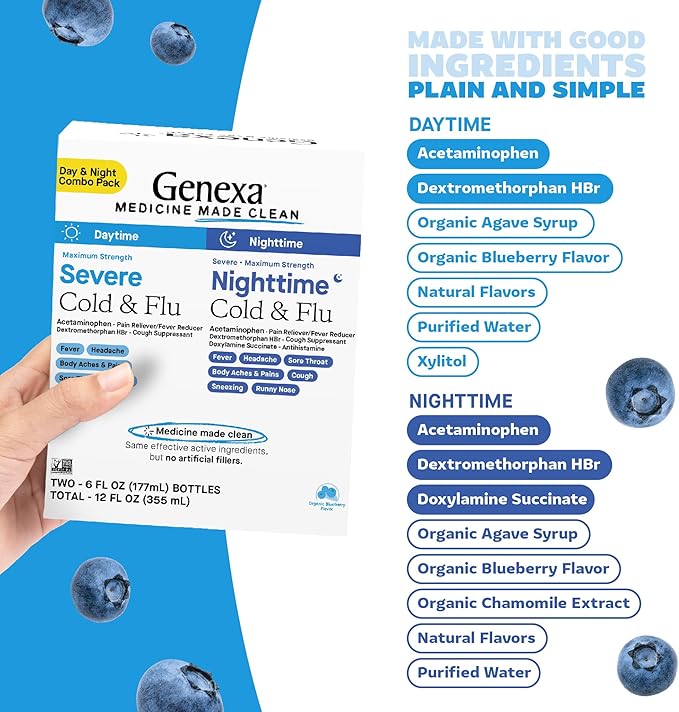 Genexa Clean Day + Night Cold & Flu Relief, Max Strength, Dye Free, 0% Artificial Additives, Acetaminophen Fever Reducer, Cough Suppressant, Antihistamine, Organic Blueberry Flavor, 12 fl oz (2 Pack)