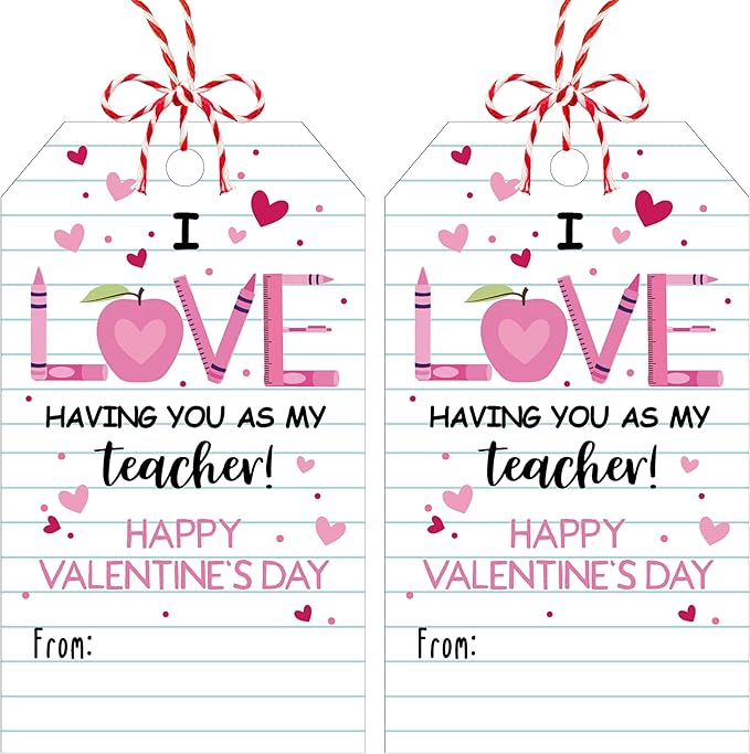 50Pcs Teacher Valentine's Day Tag - Happy Valentine Tags with String, Teacher Gift Label Idea Valentines Activity School Classroom Party Favors