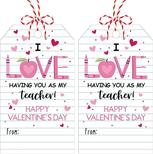 50Pcs Teacher Valentine's Day Tag - Happy Valentine Tags with String, Teacher Gift Label Idea Valentines Activity School Classroom Party Favors