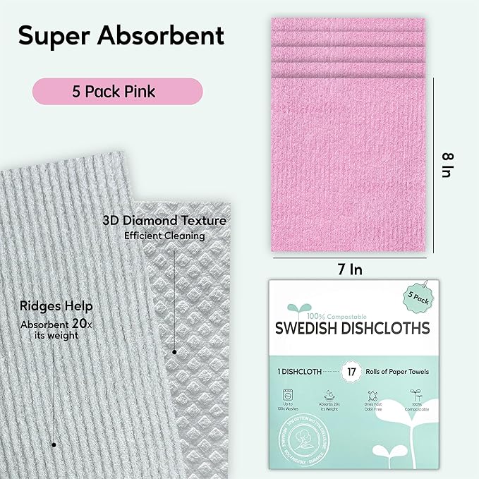 Swedish Dishcloths for Kitchen, 5 Pack Swedish Dish Cloths, Ultra Absorbent Reusable Paper Towels, Cellulose Sponge Cloths, Quick Drying, No Odor, Dishwasher Safe Pink