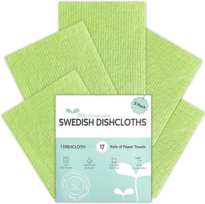Swedish Dishcloths for Kitchen, 5 Pack Swedish Dish Cloths, Ultra Absorbent Reusable Paper Towels, Cellulose Sponge Cloths, Quick Drying, No Odor, Dishwasher Safe Green