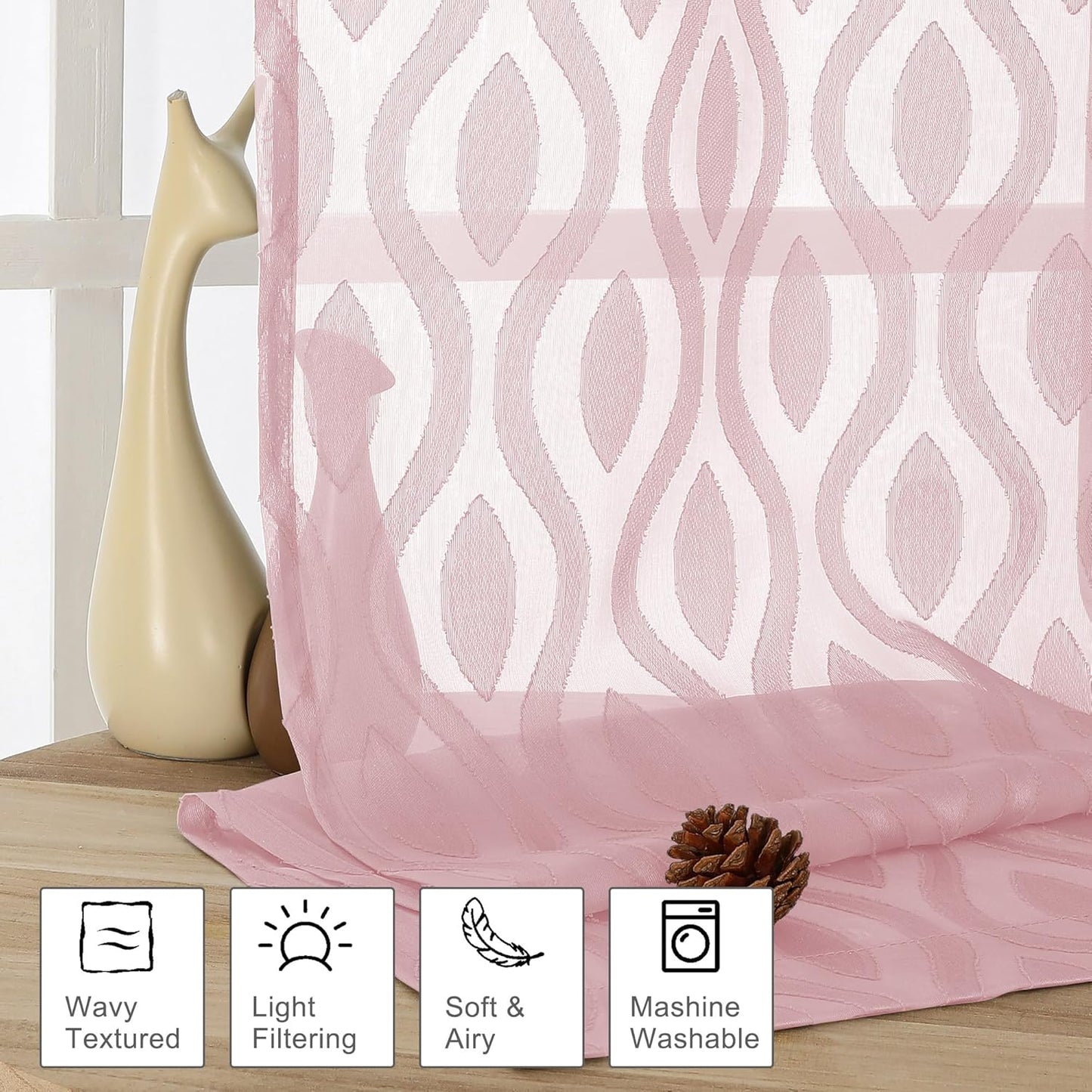 Aiyufeng Pink Curtains Kitchen 14 Inch Length, Clip Jacquard Chic Wavy Line Blush Valances for Windows, Lightweight Airy Rod Pocket Short Curtains for Bathroom Basement, 2 PCS, 40" Wx14 L Inches