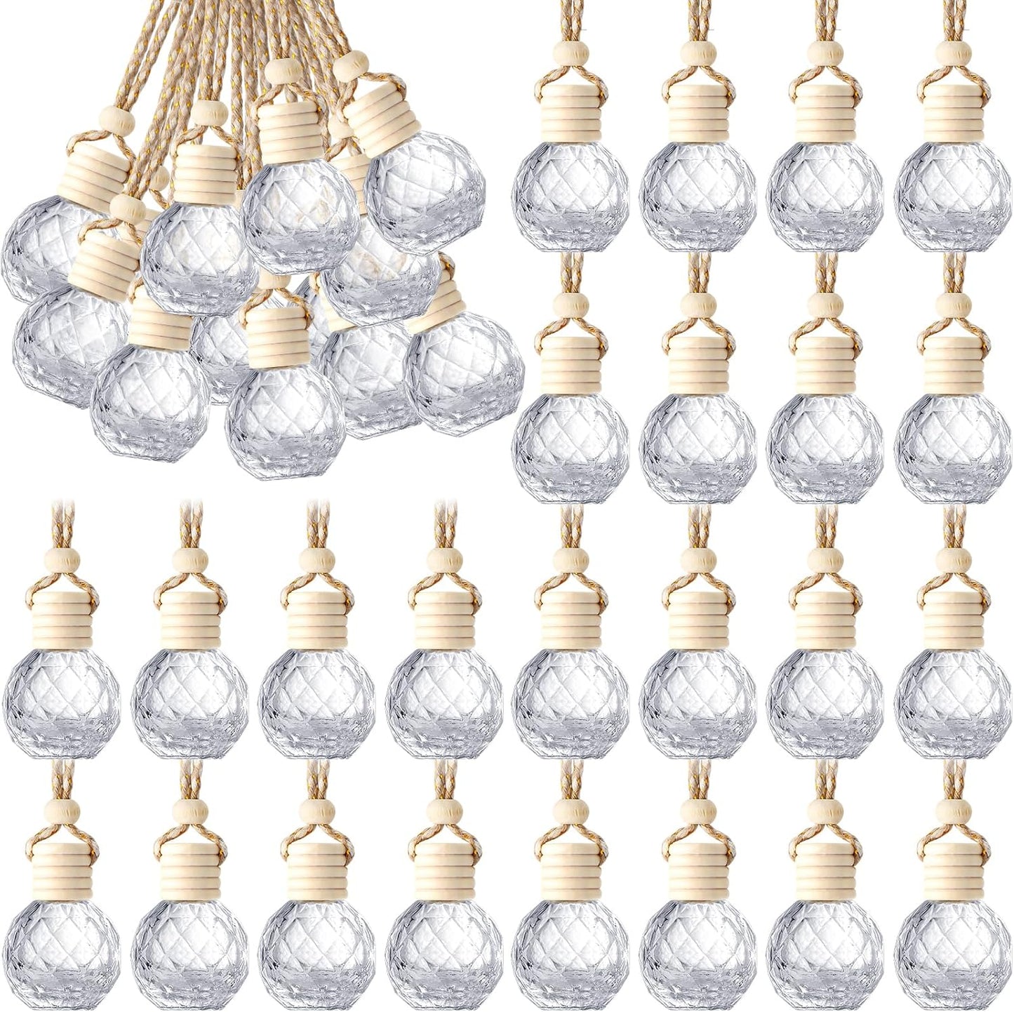 BBTO 50 Pcs Hanging Car Air Freshener Car Diffuser Bottles Empty Glass Perfume Bottle Freshener Diffuser Bottle Pendant for Essential Oil Fragrance Aromatherapy Bottle Ornament(Round Diamond)
