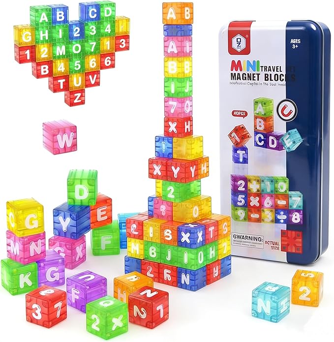 Magnetic Alphabet Blocks 40pcs - Educational STEM Learning Toys for Kids 3-8 | Portable Travel Letter Number Math Kit | Montessori Preschool Gifts Boys Girls