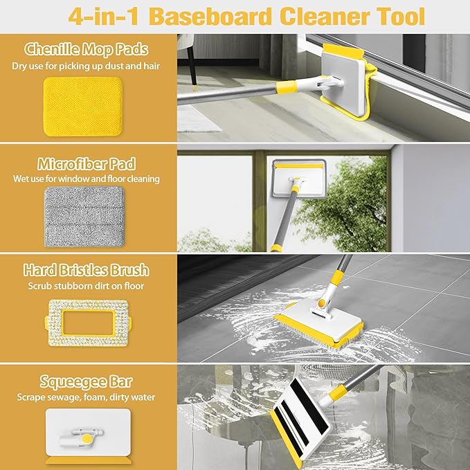 JEHONN Baseboard Cleaner Tool with Handle, 56 inches Base Boards Cleaning Mop Scrubber, 1 Stiff Bristles Brush, 2 Chenille and 2 Microfiber Pads, Wall Duster for Floorboard Ceiling Window (Yellow)