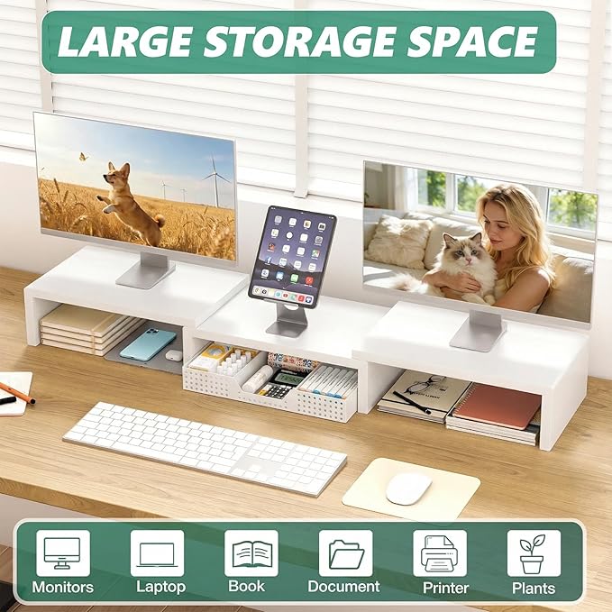 OPNICE Desk Organizer, Dual Computer Monitor Stand Riser with Drawer, Office Desk Accessories & Workspace Organizers, White