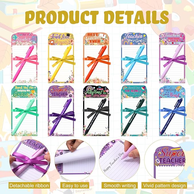 Tellingyou 30 Pcs Teacher Appreciation Gifts Teacher Notepads with Pen Floral Teacher Sticky Notes Teacher Memo Pads Bulk to Do List for Teacher's Day Birthday School Office Back to School Present
