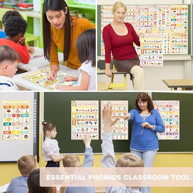 YIYDONG 16 Phonics Posters for Classroom - Learning Posters for Sound Wall Phonics Digraphs Blends Syllable Types Vowel Sounds Poster for Kindergarten, Elementary, Homeschool Supplies (Bright Color)
