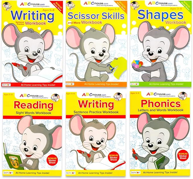 Bulk ABC Mouse Workbook Set - 6 Activity Book Bundle Letters Phonics, Sight Words, Scissor Skills, Shapes, Ages 3 4 5 6 Pre-K Kindergarten Educational Learning
