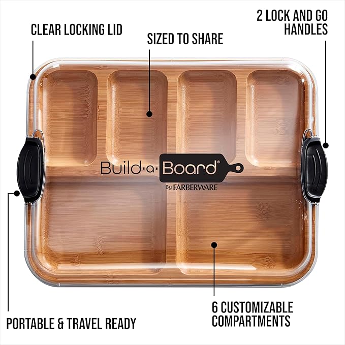 Farberware Build-A-Board Bamboo Cutting Board with Built-In Compartments & Clear Locking Lid, Black Handles – Charcuterie, Snack Tray, Food Prep and Serving Platter