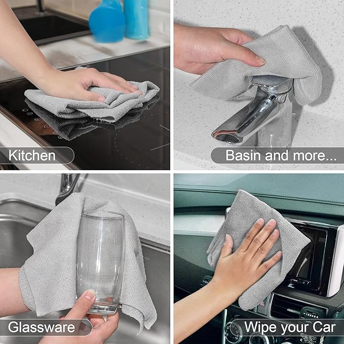 UPSTAR Microfiber Cleaning Cloth, Reusable Paper Towels Rolls, 50 Packs 12x12 inch Cleaning Rags for Washing Dishes, Kitchen, Bathroom, Car, Grey