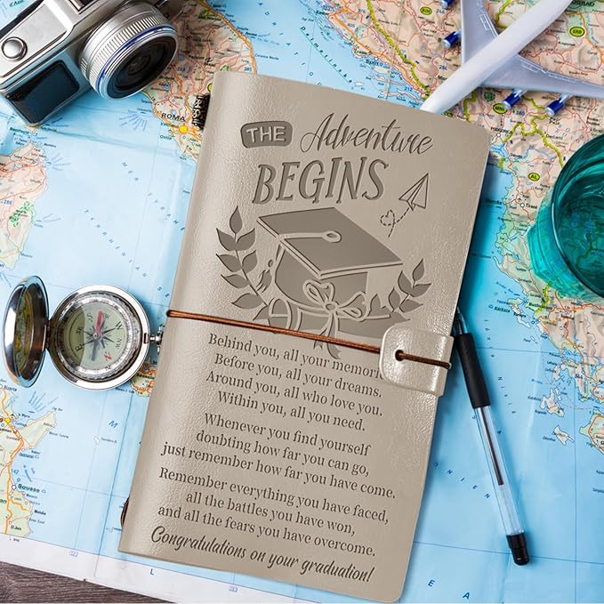 PRSTENLY Graduation Gifts Leather Journal, Graduation Gifts for Her Him 140 Page Refillable Journal, High School University College Graduation Gift Ideas for Women Men (Grey)