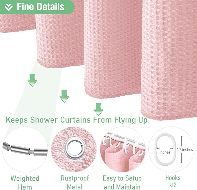 Dynamene Extra Long Shower Curtain - 96 Inch Long Waffle Weave Weighted Thick Cloth Bathroom Shower Curtain, Neutral Heavy Duty Hotel Bath Curtain Set with 12 Plastic Hooks,72x96, Pink
