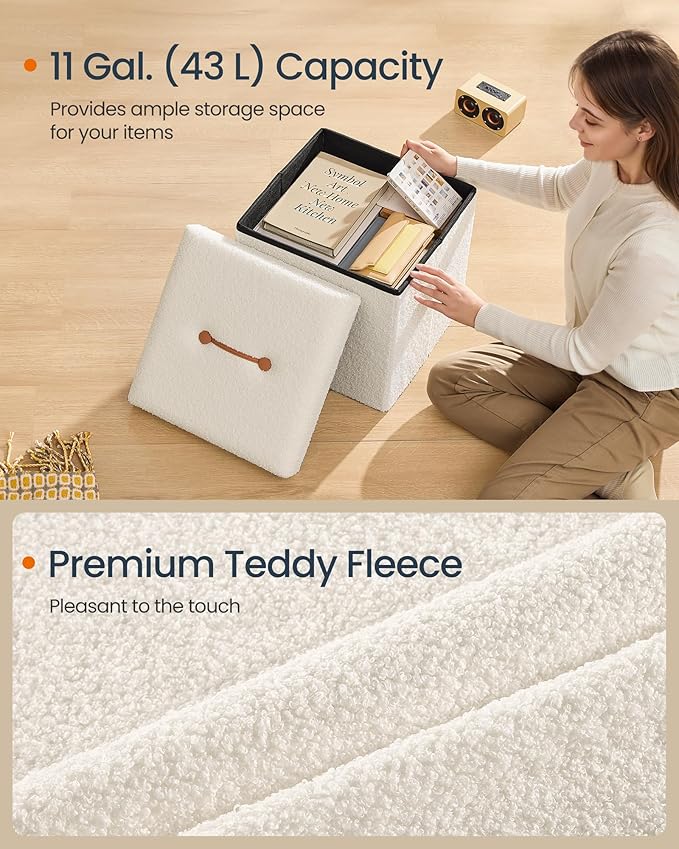 SONGMICS Small Folding Storage Ottoman, Foot Rest Stool, 15 x 15 x 15 Inches, Ottoman with Storage, Load up to 660 lb, for Living Room, Bedroom, Dorm, Cream White ULSF095W01