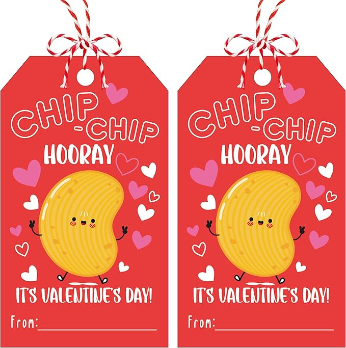 50Pcs Chip Chip Hooray Valentines Tags, Valentine Thank You Gift Label with String, Hanging Paper Gift Label for Wrapping Treat Bag, Idea Valentines Activity School Classroom Party Favors