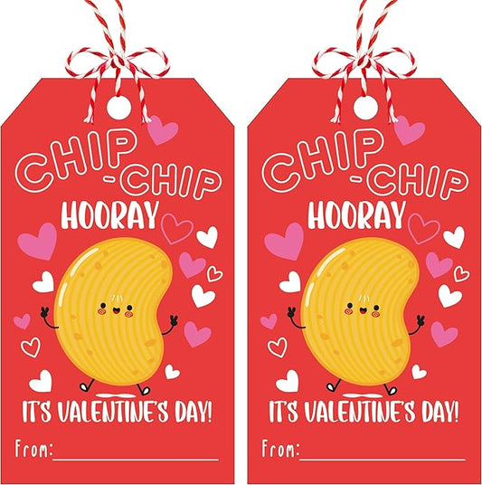 50Pcs Chip Chip Hooray Valentines Tags, Valentine Thank You Gift Label with String, Hanging Paper Gift Label for Wrapping Treat Bag, Idea Valentines Activity School Classroom Party Favors