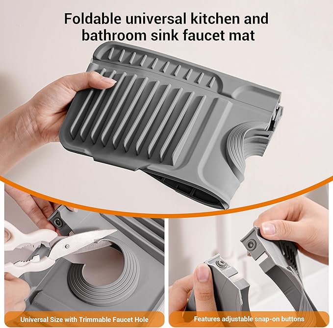 Faucet Mat for Kitchen Sink, 17.7"X5.5" Silicone Sink Splash Guard with Soap Holder, Snap-On Design & 7°slope Fast Drain, Folding Sink Faucet Mat for Universal Kitchen Bathroom Sink（Grey）