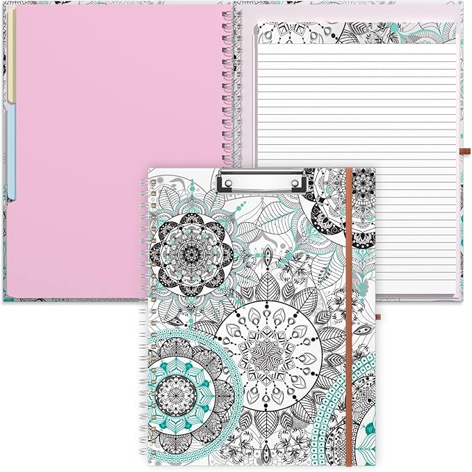 Rimilak Spiral Clipboard Folio with Refillable Lined Notepad, 14.5 x 9.8 In, Hardcover Cover with 5 Interior Pockets, Elastic Band and Pen Loop Series. Cute Stylish Clipfolio, Mandala Flower