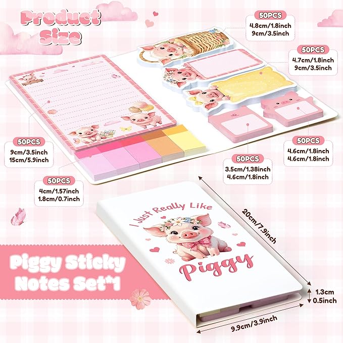 Xqumoi I Just Really Like Piggy Sticky Notes Set - 550 Sheets Cute Little Pig Pink Self-Stick Note Pads Floral Animal Divider Tabs Bundle Writing Memo Pad Back to School Office Supplies Small Gift