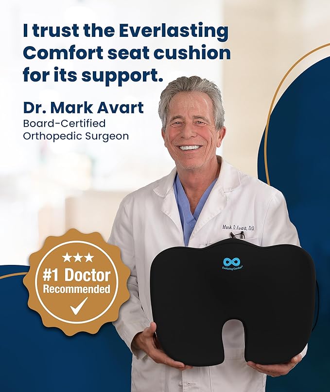 Everlasting Comfort Doctor Recommended Memory Foam Seat Cushion for Office Chairs & Car - Ergonomic Office Desk Accessories - Cushions for Tailbone Pain Relief, Sciatica (Black Cooling, Large)