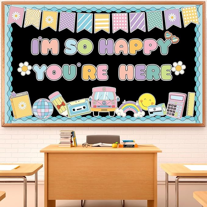 Groovy Back to School Bulletin Board for Classroom Decoration I'm So Happy You're Boho Retro Here Hippie Bulletin Board Set Rainbow Cutouts Daisy DIY Photo for Chalkboard Wall Teacher Decor