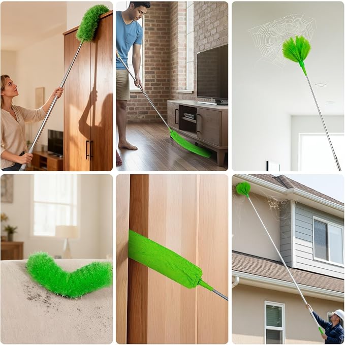Cobweb Duster with Extension Pole, 3-in-1 Washable Cobweb Duster, Duster with 15-100-Inch Telescoping Pole, Bendable Design for high Ceiling, Fans, Blinds, Furniture