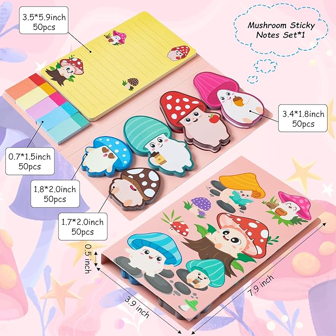 B1ykin Cute Sticky Notes Set - Lovely Mushroom Shaped Self-Stick Notes Pad, 550 Sheets Writing Memo Pages Sticky Notepad for Teacher Appreciation Gift, School Office Party Favors Supplies (Mushroom)