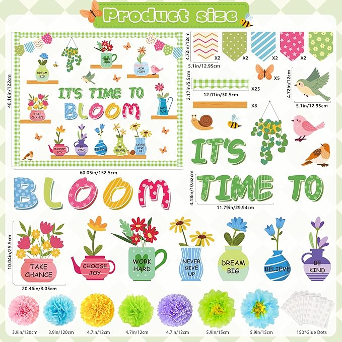 Spring Bulletin Board Decorations for Classroom - It's Time to Bloom Bulletin Board Set with 3D Paper Flower Cutouts Motivational Decorations for Spring Summer School Home Chalkboard Door Wall Supply