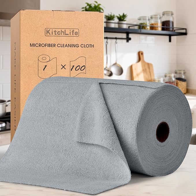 KitchLife Microfiber Cleaning Cloth Roll, 100 Pack - Tear-Away Microfiber Paper Towels, Lint-Free, Reusable, Washable for Kitchen, Car, Dishes, and Sensitive Surfaces (Dark Gray)