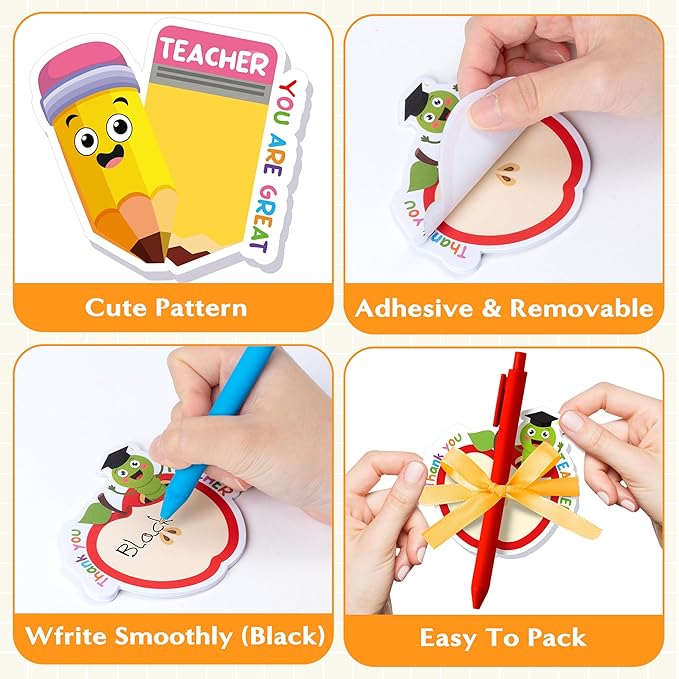 Xqumoi Teacher Appreciation Sticky Notes with Pen Gift Set - 24 Set Back to School Self Sticky Writing Memo Pads Ballpoint Pens with Mesh Bag Party Favors Classroom Rewards Office Supplies