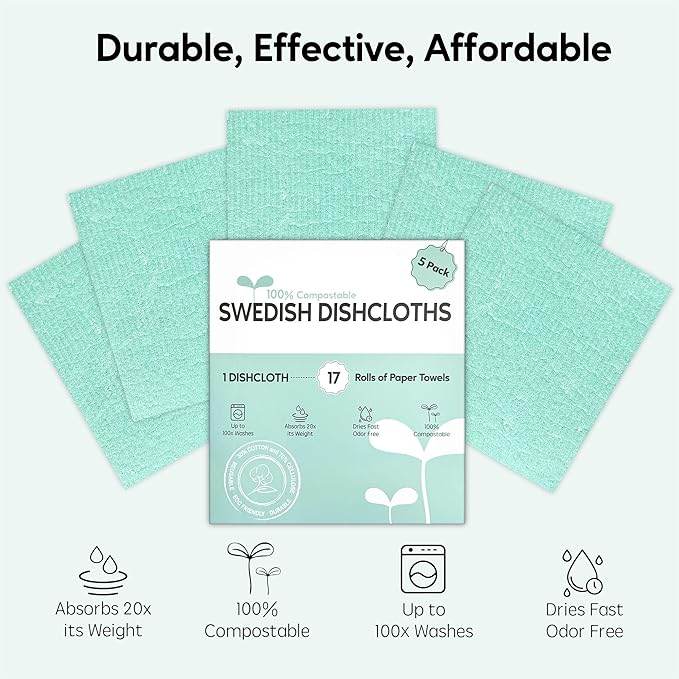 Swedish Dishcloths for Kitchen, 5 Pack Swedish Dish Cloths, Ultra Absorbent Reusable Paper Towels, Cellulose Sponge Cloths, Quick Drying, No Odor, Dishwasher Safe Mint Green