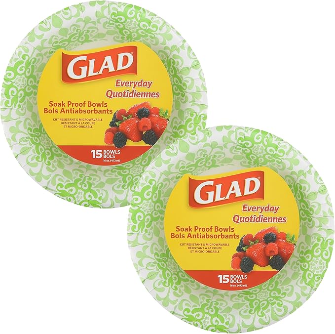 Glad Round Disposable Paper Bowls, Green Victorian Design - Heavy Duty, Soak Proof, Cut-Resistant, Microwavable Bowl for All Foods & Daily Use, 16 Oz, 15 Count - 2 Pack