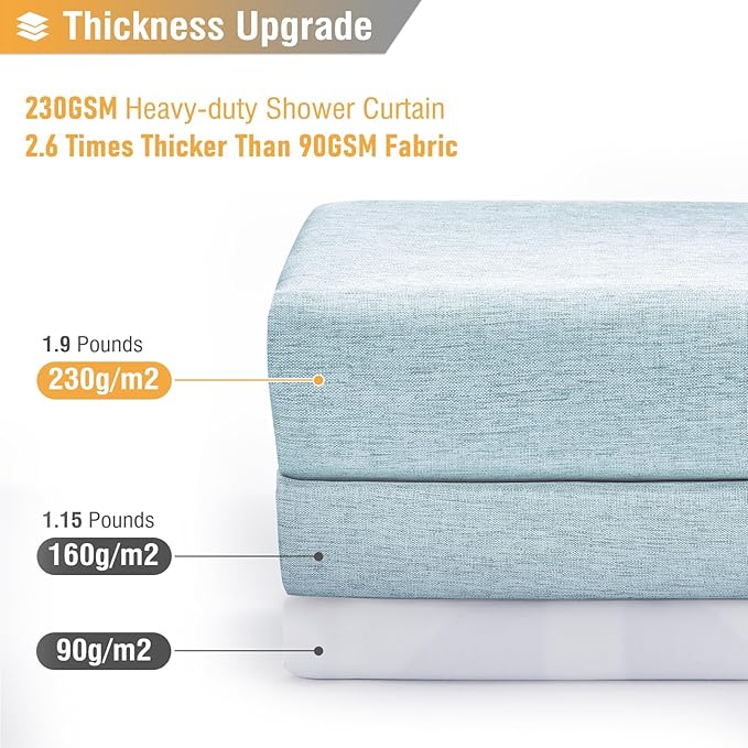 BTTN Fog Blue Shower Curtain - Linen-Look Heavy Duty Waterproof Cloth Shower Curtain Set with 12 Plastic Hooks, Hotel Spa Luxury Simple Decorative Thick Fabric Shower Curtains for Bathroom - 72x72