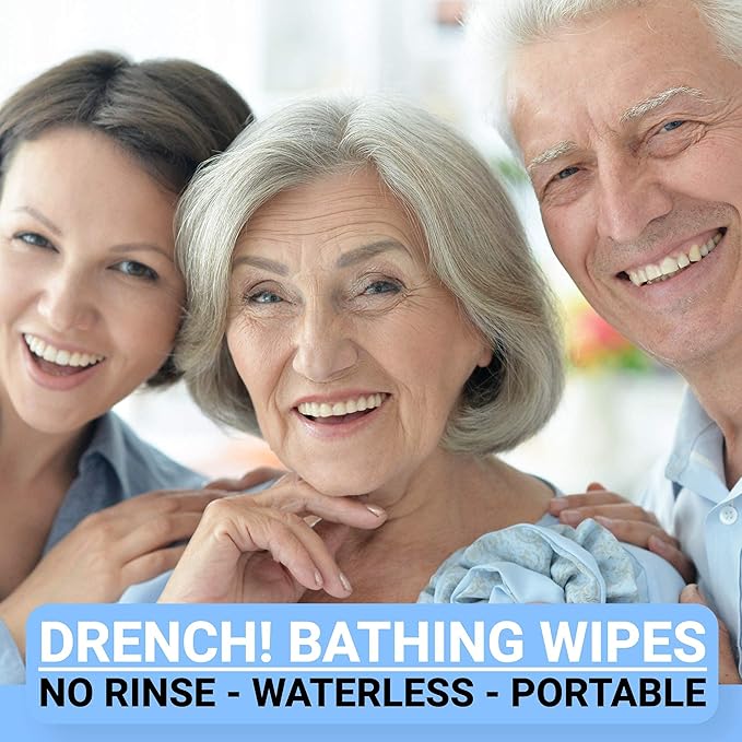 Drench Luxury Rinse Free No Alcohol Shower Wipes for Elderly Bedridden & Adults - Hassle-free No Water Disposable Bathing & Cleansing Body Wipes - Microwavable (60 Pack)
